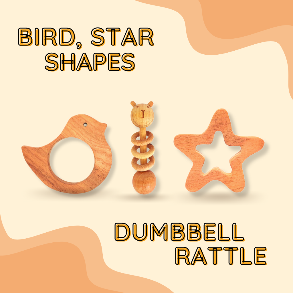 Neem Wood Teethers Rattles Combo Bird, Star, & Dumbbell Erenjoy