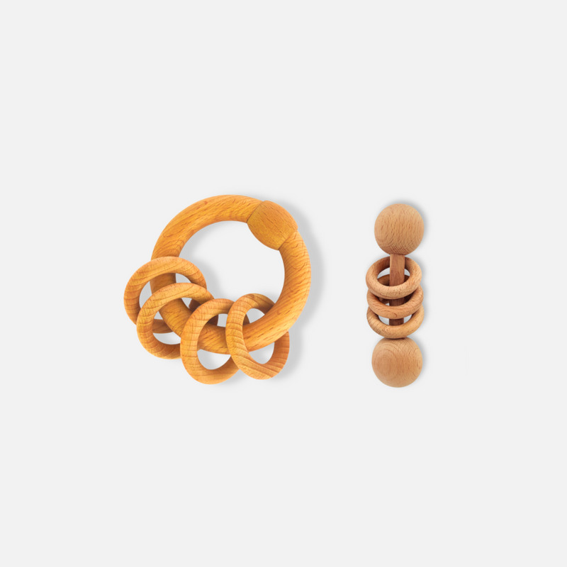 Organic Playtime Duo: Bear Dumbbell & Ring Wooden Rattles Combo