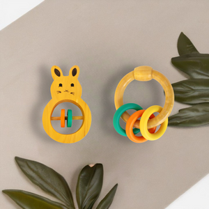 Wooden Ring, Rabbit-Shaped Rattle with Colorful Rings
