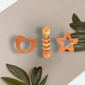 Neem Wood Teethers Rattles Combo - Bird, Star Teether and Dumbbell Rattle