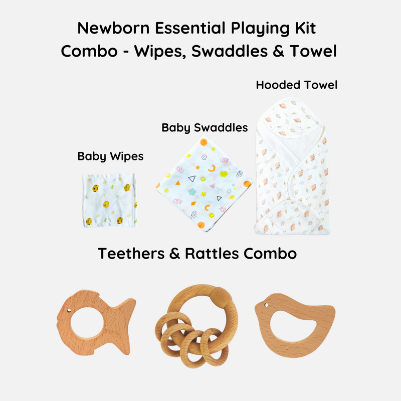 Newborn Essential Playing Kit Combo with Teething Toys & Wooden Rattle