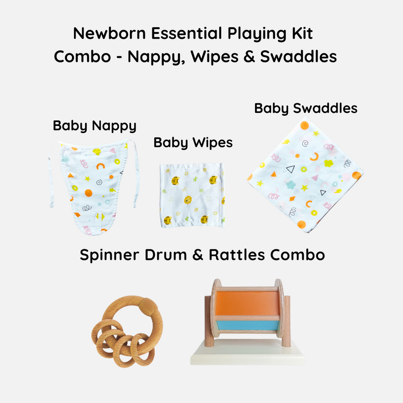 Newborn Essentials Playing Kit: Cotton Wipes, Swaddles, Nappy & Spinning Drum