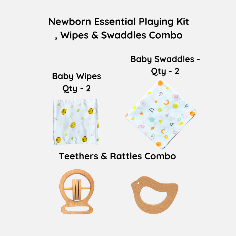 Newborn Essential Playing Kit: Cotton Swaddles, Wipes, Teether & Rattle Combo