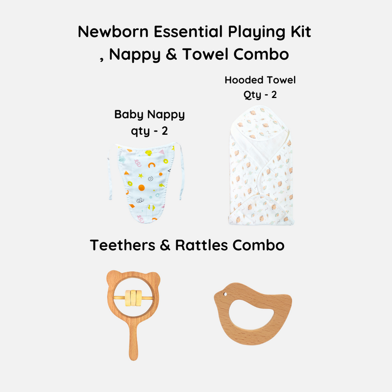 Newborn Essential Playing Kit - Nappy,Towel, Rattle and Teether Combo