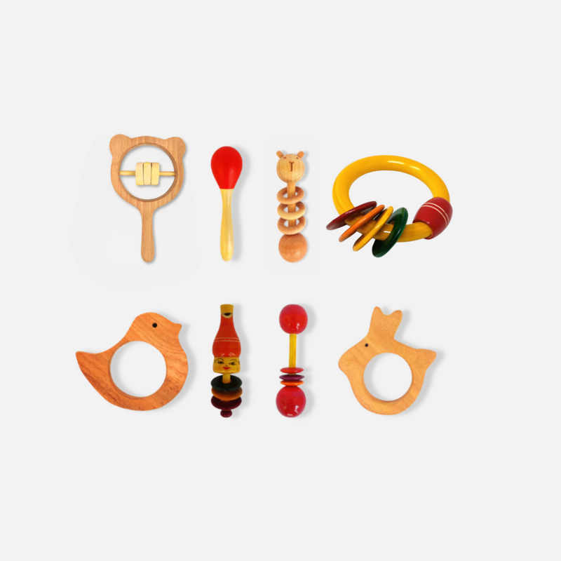 Wooden Baby Rattle Gift Kit: Rings, Maracas, Teethers & Whistle