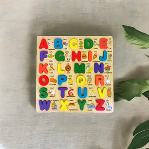 Wooden Montessori Alphabet Board A-Z - Interactive Letters with Matching Images