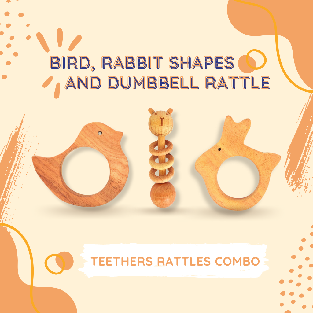 Neem Wood Teethers Rattles Combo - Bird, Rabbit, & Dumbbell – Erenjoy