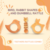 Neem Wood Teethers Rattles Combo- Bird, Rabbit Shapes and Dumbbell Rattle