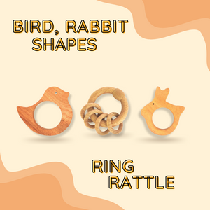 Neem Wood Teethers & Ring Rattle Combo - Bird, Rabbit Teether And Ring Rattle