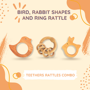 Neem Wood Teethers & Ring Rattle Combo - Bird, Rabbit Teether And Ring Rattle