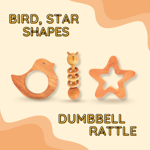 Neem Wood Teethers Rattles Combo - Bird, Star Teether and Dumbbell Rattle