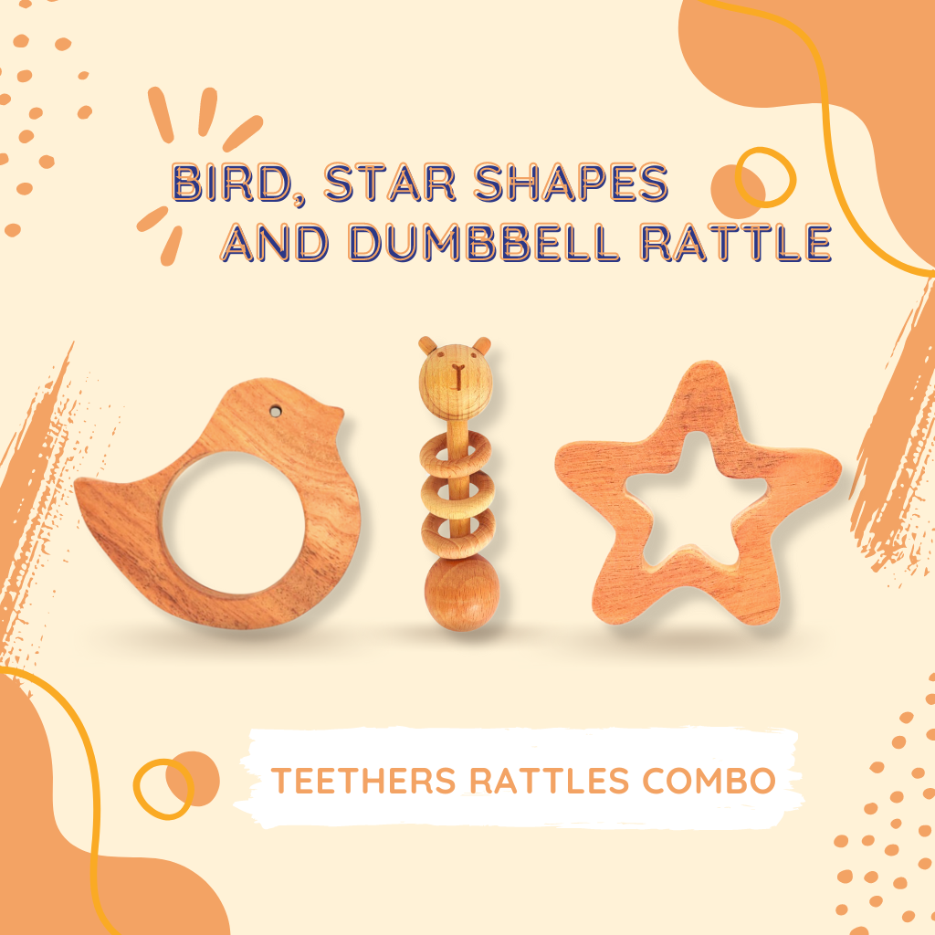 Neem Wood Teethers Rattles Combo - Bird, Star, & Dumbbell – Erenjoy