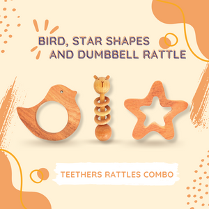 Neem Wood Teethers Rattles Combo - Bird, Star Teether and Dumbbell Rattle