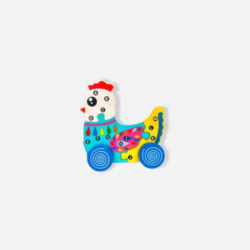 Charming Hen Car - 3 Wooden Puzzle Blocks with Alphabet