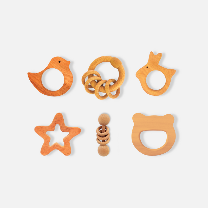 Four Teether & Natural Neem Wood Rattle Gift Set