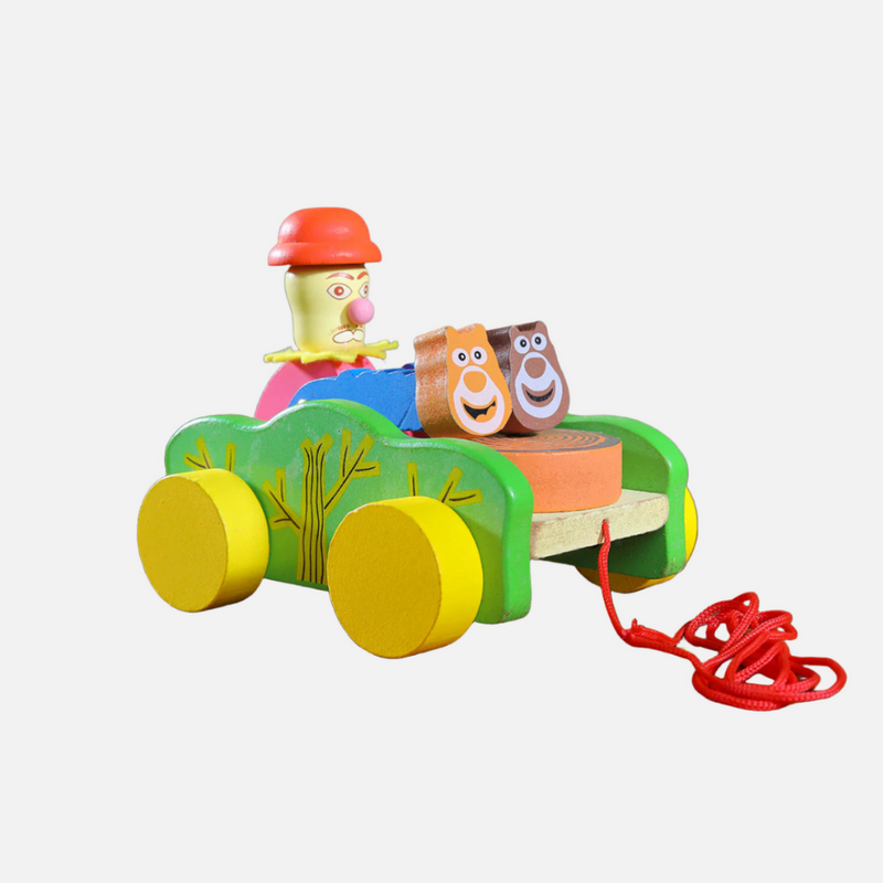 Expressive Face Drum Car - Push & Pull Wooden Toy that Plays Drum on Moving