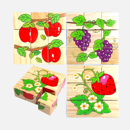 3D 6 Face Fruit Block Puzzle 6 in 1 Wooden Cube Jigsaw Toys (Fruits)