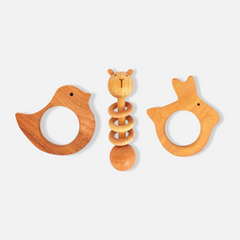Neem Wood Teethers Rattles Combo  - Bird, Rabbit Shapes and Dumbbell Rattle