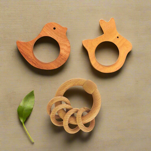 Neem Wood Teethers & Ring Rattle Combo - Bird, Rabbit Teether And Ring Rattle