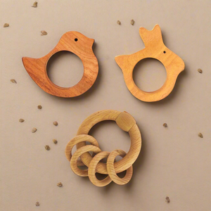 Neem Wood Teethers & Ring Rattle Combo - Bird, Rabbit Teether And Ring Rattle