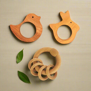 Neem Wood Teethers & Ring Rattle Combo - Bird, Rabbit Teether And Ring Rattle