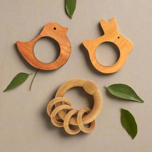 Neem Wood Teethers & Ring Rattle Combo - Bird, Rabbit Teether And Ring Rattle