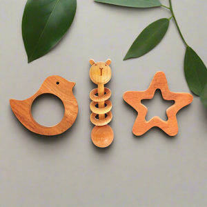 Neem Wood Teethers Rattles Combo - Bird, Star Teether and Dumbbell Rattle