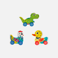 Wooden Animal Puzzle Cars Combo - Hen, Duck, Dino