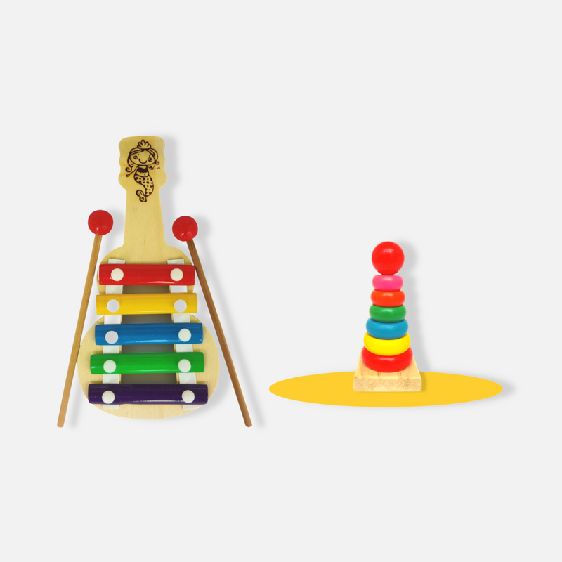 Rainbow Harmony Set: Wooden Small Guitar Shaped Xylophone & Colored Ring Stacker