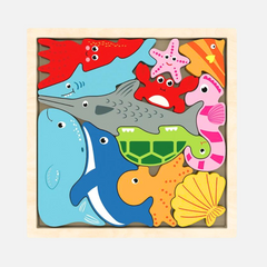 Sea Creatures Puzzle - Wooden Square Tray with  Sea Creatures Blocks