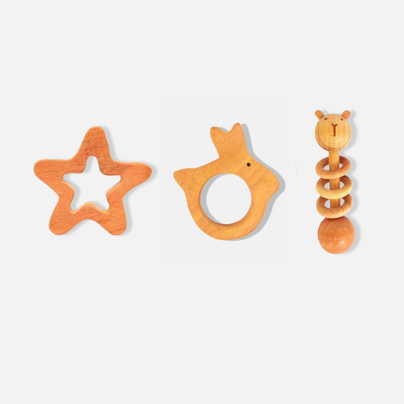 Neem Wood Teethers Rattles Combo - Star, Rabbit Teether and Dumbbell Rattle