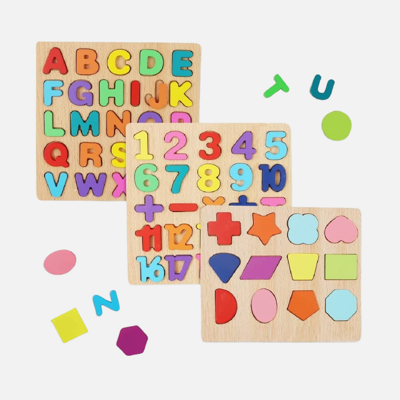 Wooden ABC, Number, and Shape Puzzles for Toddlers - 3 in 1 Educational Toy Set