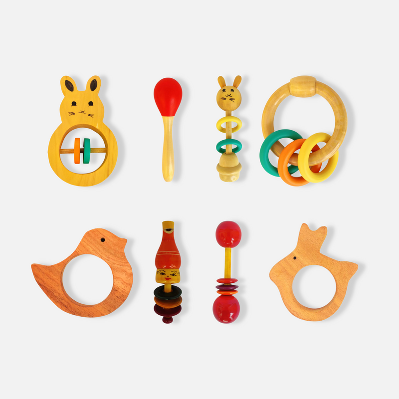 Wooden Baby Rattle Gift Kit: Rings, Maracas, Teethers & Whistle