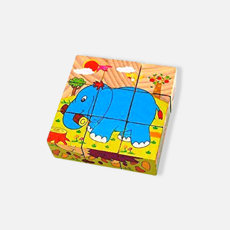 3D 6 Face Zoo Animal Block Puzzle 6 in 1 Wooden Cube Jigsaw Toys (Zoo Animals)