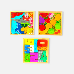 Wooden Square Tray Puzzle Block Combo - Numbers, Sea Creatures, and Vegetables